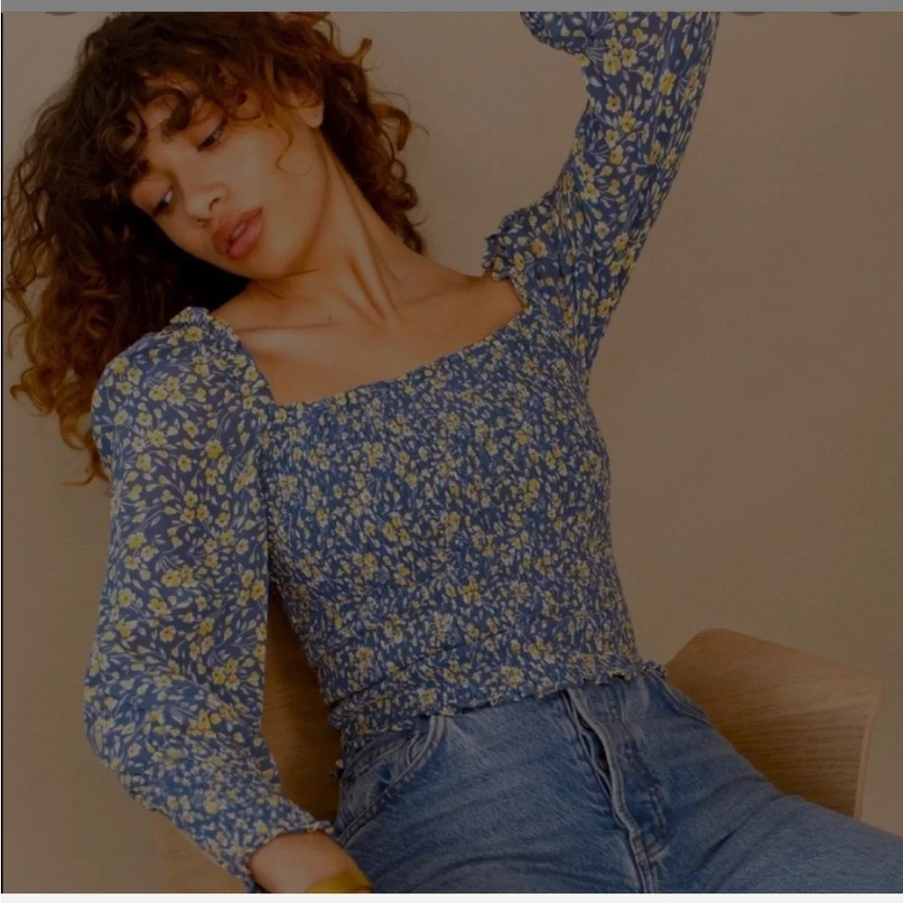 Reformation Blue Floral Smocked Square-Neck Top